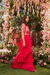 pink pre draped saree with embroidered blouse